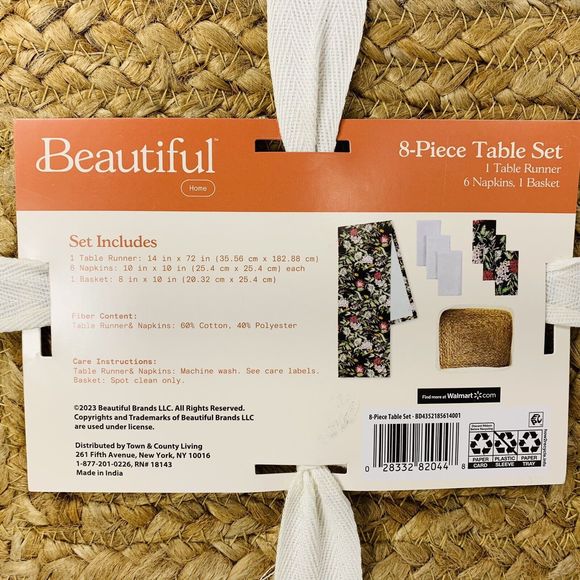 Drew Barrymore Table Runner 6 Napkins Basket Beautiful Gray + Floral 8-Piece Set - Picture 9 of 16